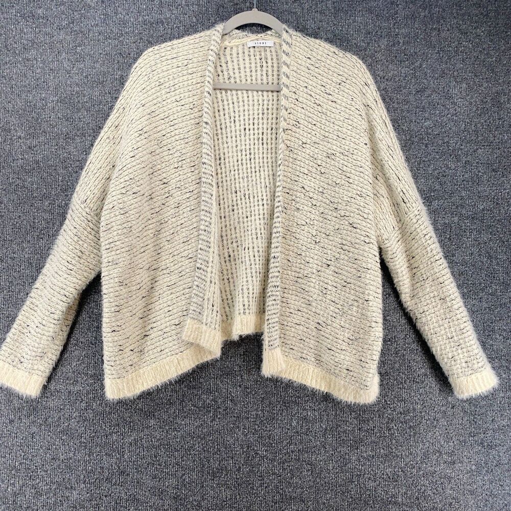 Sioni Cardigan Sweater Womens M‎ Beige Fuzzy Knit Open Front Boho Comfy Casual